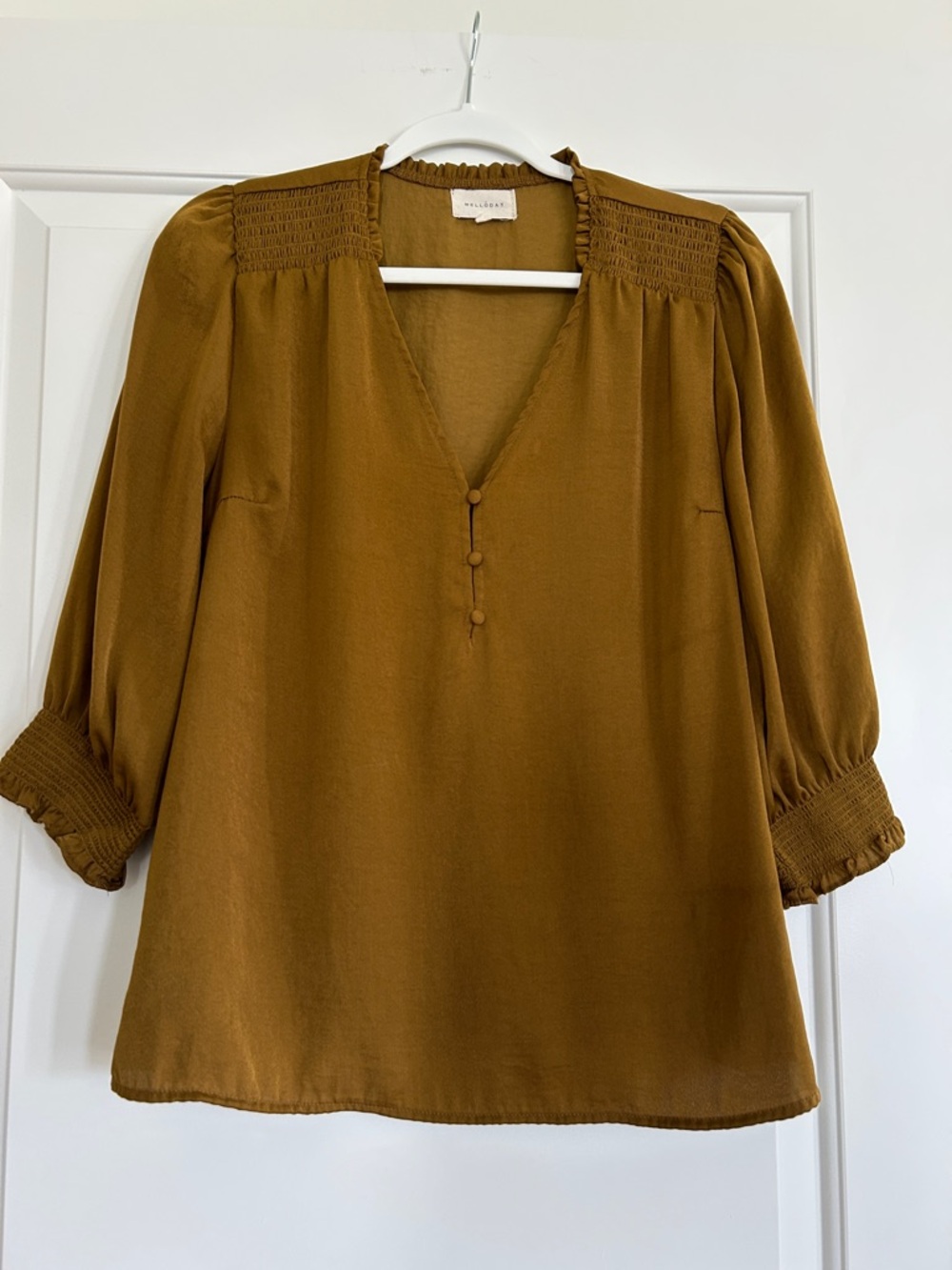 Melloday Mustard Brown V-Neck Smocked Sleeve Blouse